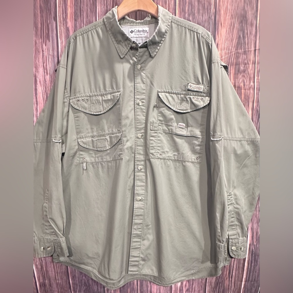 Columbia PFG Bonehead Green Long Sleeve Roll Tab Utility Shirt - Size Large